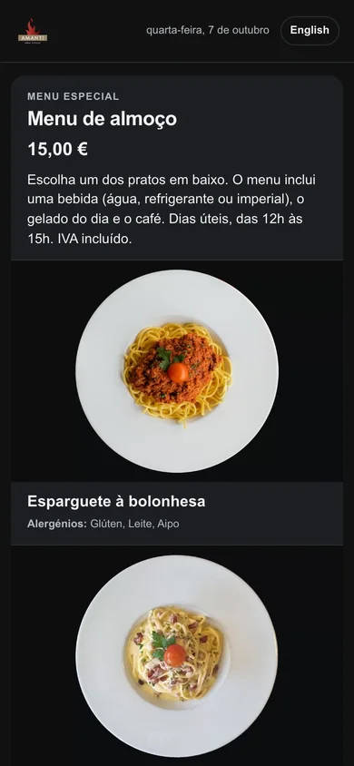 A página que o cliente vê: o prato do dia do Amanti, com fotografia, preço e alergénios.