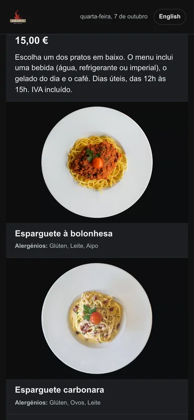 A mesma página mais abaixo: o menu de almoço a 15 € com as opções e as fotografias dos pratos.