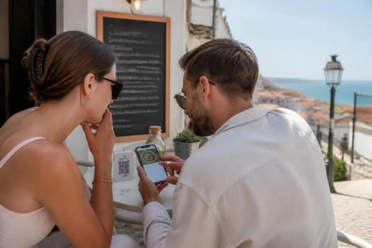 Dois clientes numa esplanada a ler o QR da mesa no telemóvel, com a lousa do dia atrás.